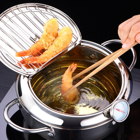 Japanese Stainless Steel  Deep Frying Pot with a Thermometer and a Lid