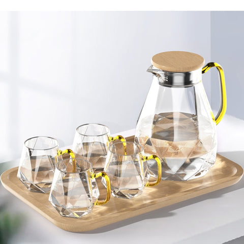 Diamond Pattern Glass Water Jug Transparent Heat Resistant Teapot with Bamboo Wood Lid